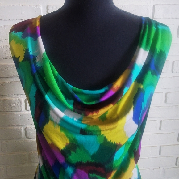 Calvin Klein Watercolour Abstract Art Sleeveless Ruched Sheath Dress Size 10 - Picture 2 of 14